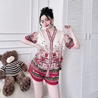 Bộ Pijama Trắng Hoạ Tiết Nơ Tay Cộc Quần Cộc Chất Lụa Latin Cao Cấp Anna P5