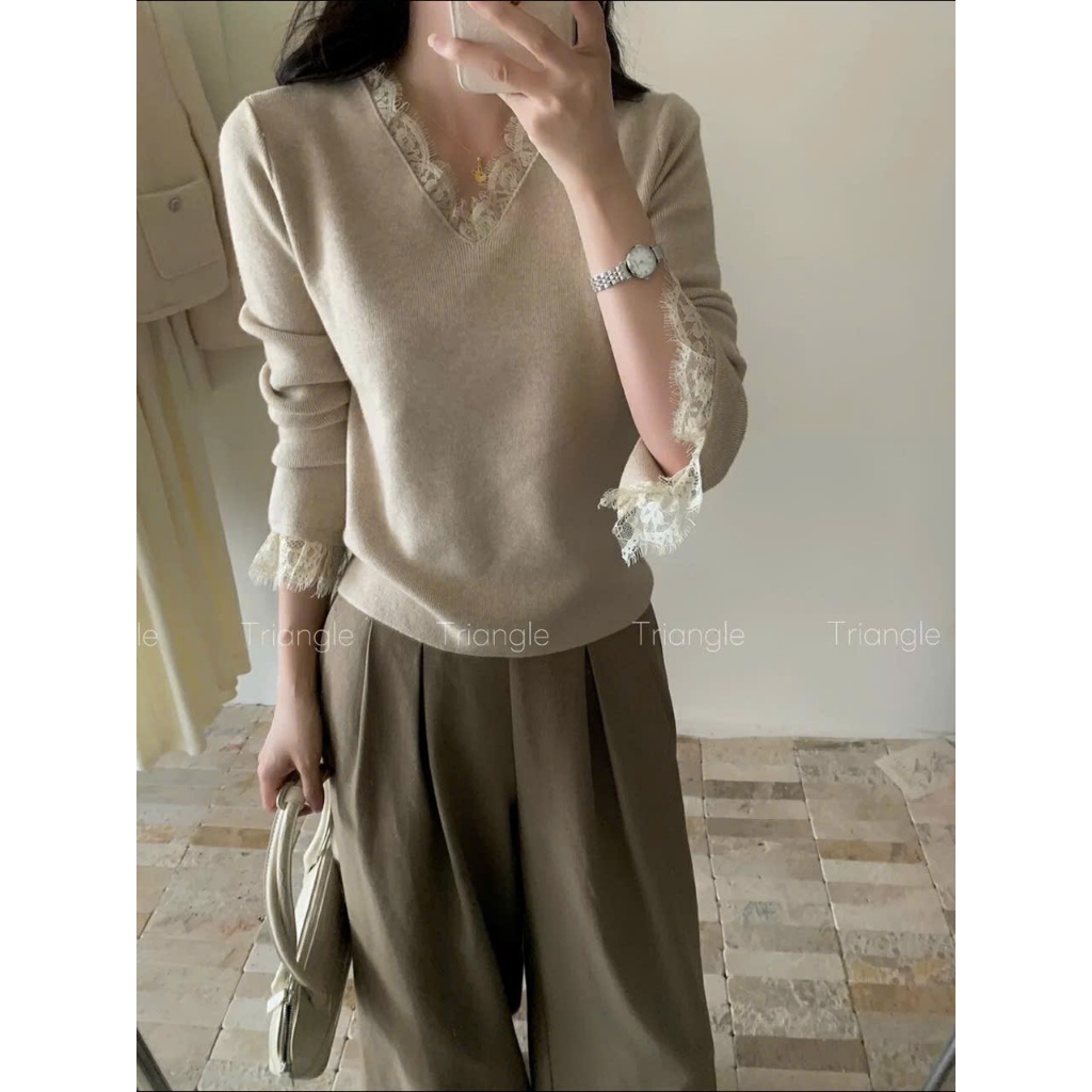 Triangle - M Knitted (Giá thanh lý, không hoàn) - Áo len phối ren M.studio phong cách Hàn Quốc đơn giản