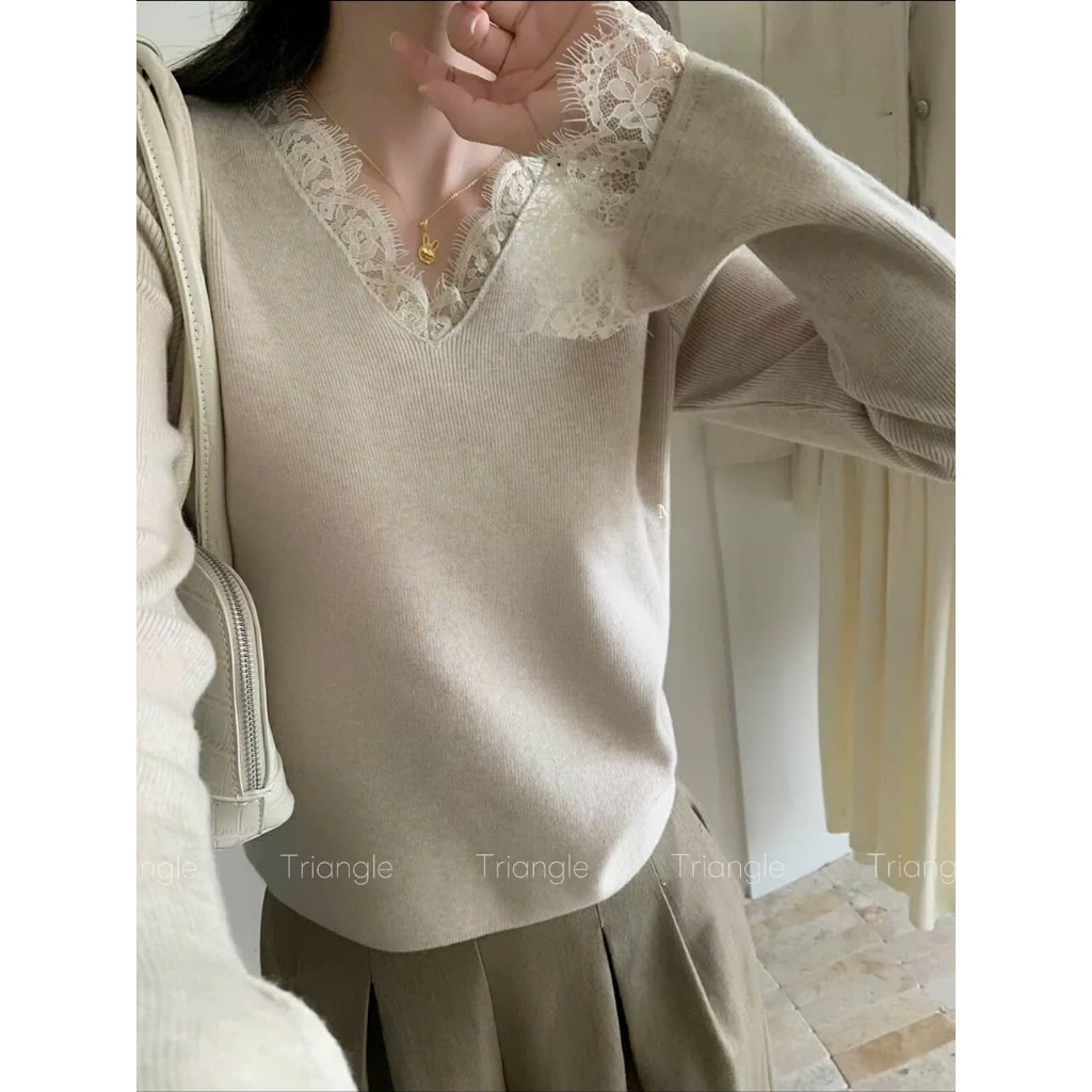 Triangle - M Knitted (Giá thanh lý, không hoàn) - Áo len phối ren M.studio phong cách Hàn Quốc đơn giản