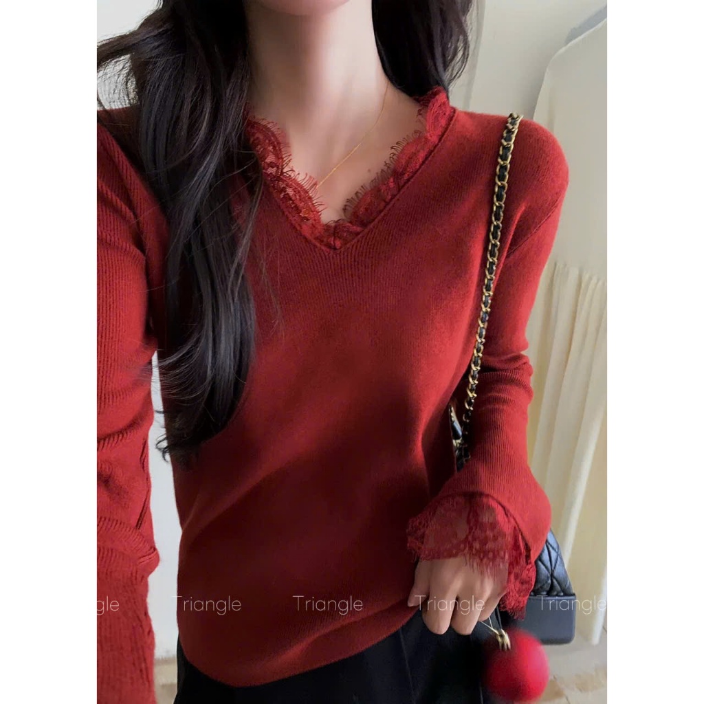 Triangle - M Knitted (Giá thanh lý, không hoàn) - Áo len phối ren M.studio phong cách Hàn Quốc đơn giản