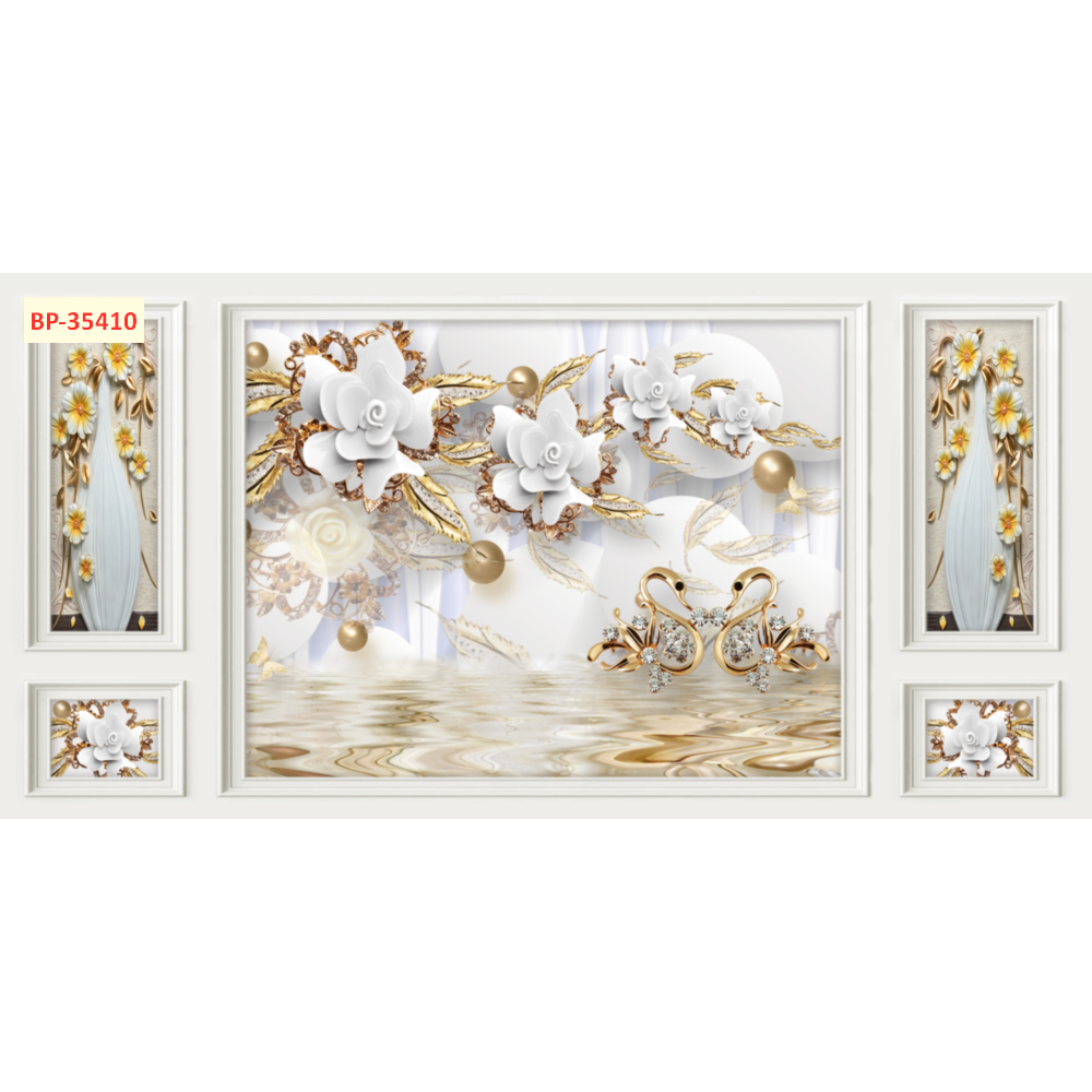 Tranh lụa phào chỉ hoa đính ngọc trai cao cấp. Tranh dán tường TsDécor