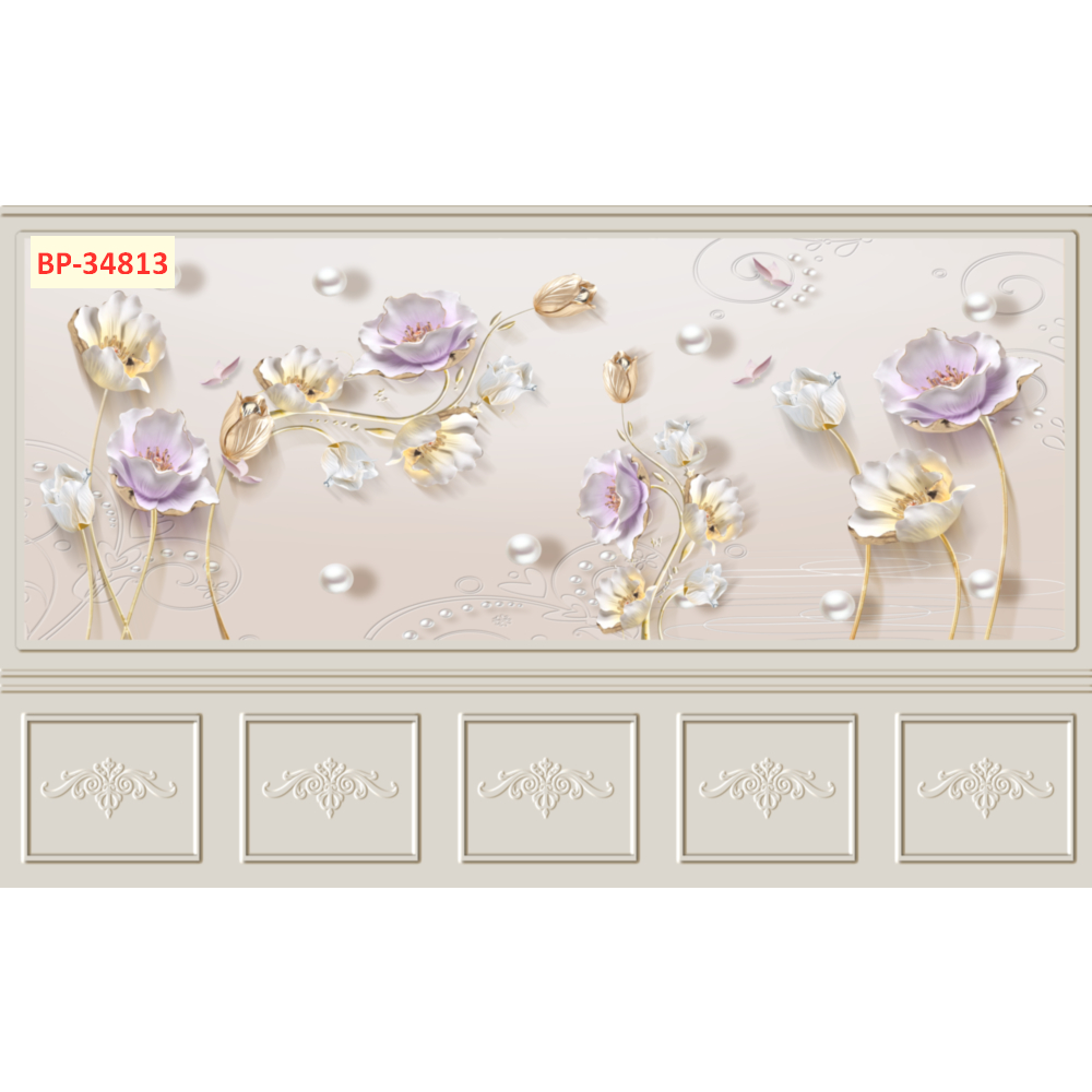 Tranh lụa phào chỉ hoa đính ngọc trai cao cấp. Tranh dán tường TsDécor
