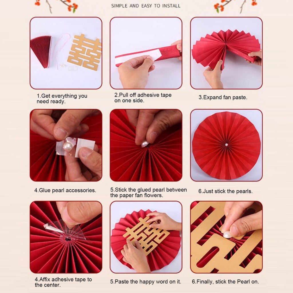 Set 6 quạt giấy màu đỏ trang trí Tết - Hoa giấy xếp màu đỏ