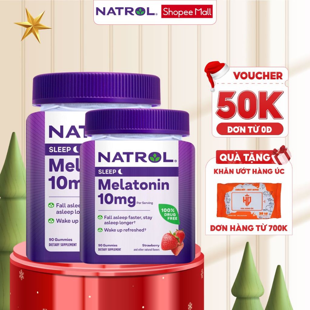Combo 2 hộp kẹo ngủ vị dâu Natrol Melatonin Gummies 10mg hộp 90 viên hỗ ...