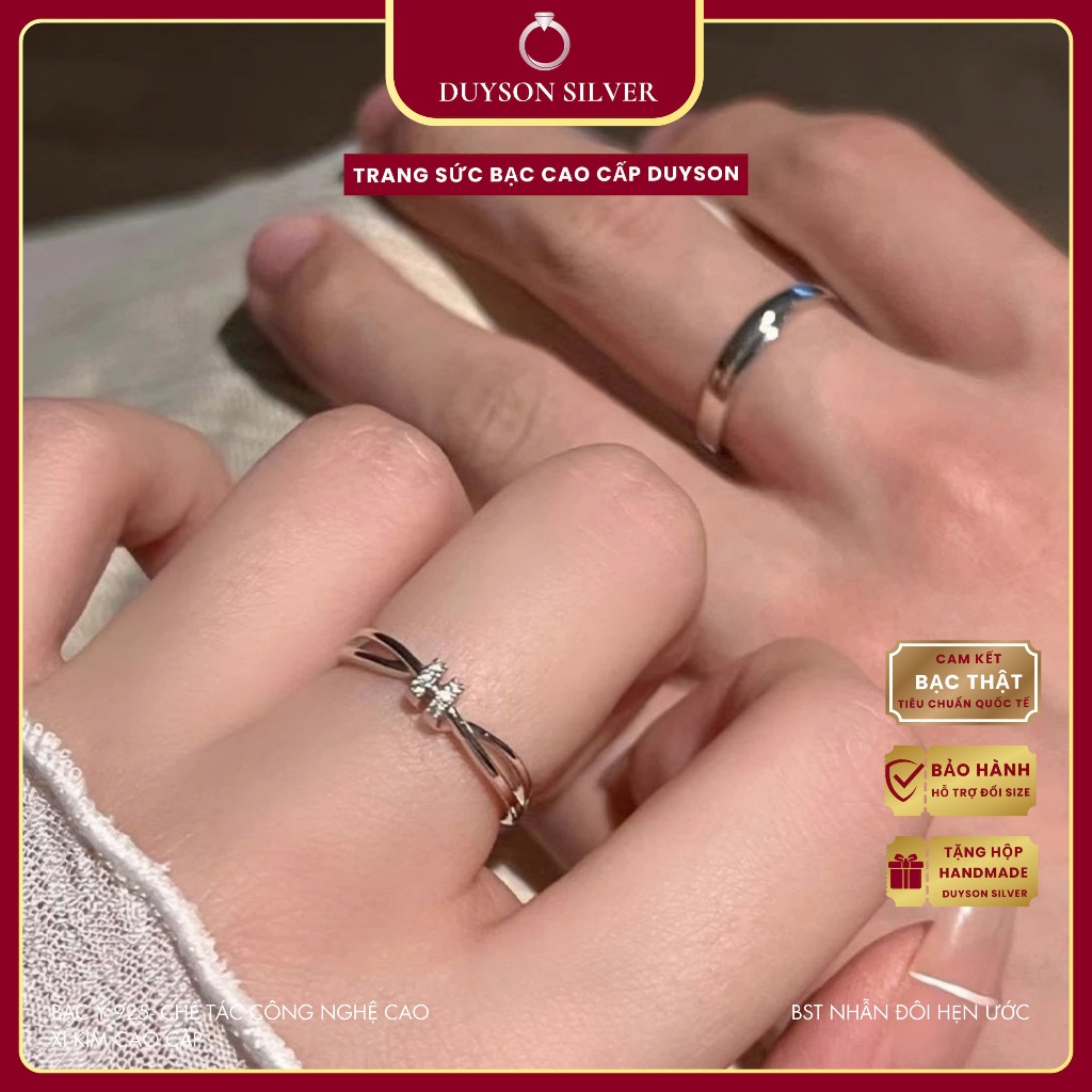 Nhẫn đôi DUYSON SILVER bạc Ý 925 nam nữ Knot, nhẫn cặp bạc Ý S925 đính đá chỉnh được cỡ NDFS12