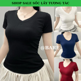BARE_Áo Thun Trơn Nữ Cổ Tim, Áo Thun Tay Ngắn Vải Thun Gân Tăm Form Ôm Babytee_A454 Women Top