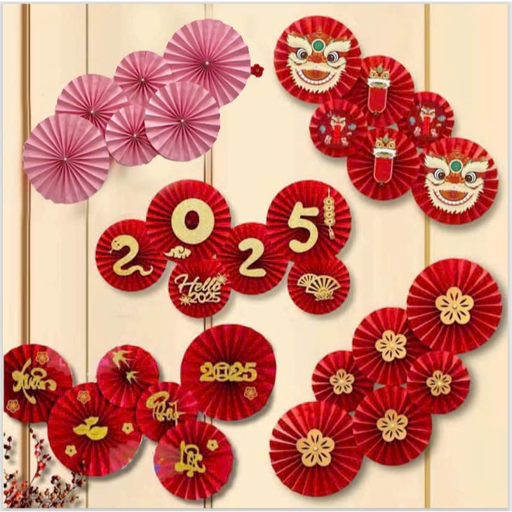 Set 6 quạt giấy màu đỏ trang trí Tết - Hoa giấy xếp màu đỏ