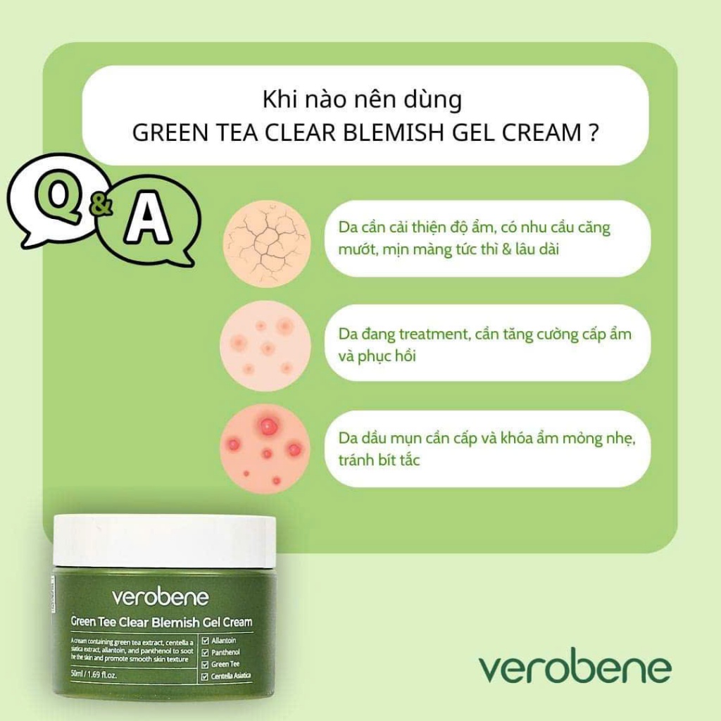 Kem dưỡng trắng da trà xanh Verobene - Dưỡng da trắng sáng, mịn màng, giảm thâm mụn 50ml Mẫu mới