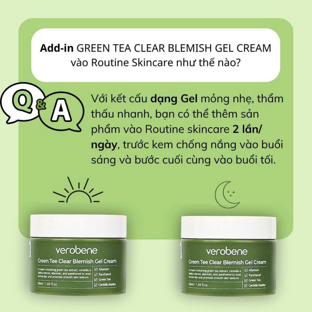 Kem dưỡng trắng da trà xanh Verobene - Dưỡng da trắng sáng, mịn màng, giảm thâm mụn 50ml Mẫu mới