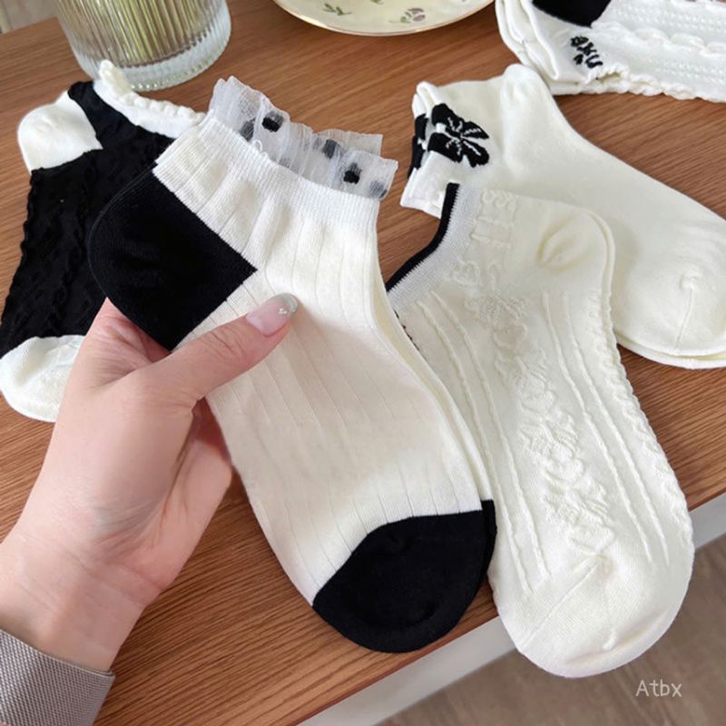 set 5 đôi tất nơ ren đen trắng tiểu thư xinh xỉu