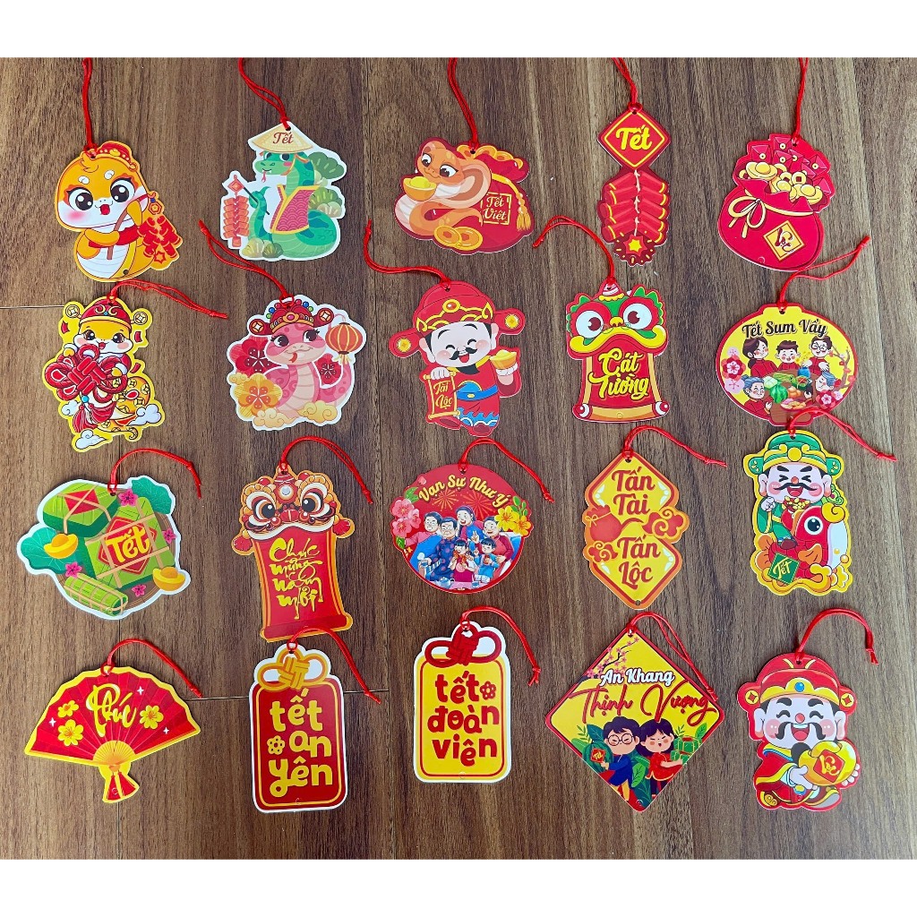 Kèm dây - Set 100 50 20 Tag liễng giấy đỏ in chữ cầu may năm mới và tag giấy in hình đẹp treo quất đào mai trang trí Tết