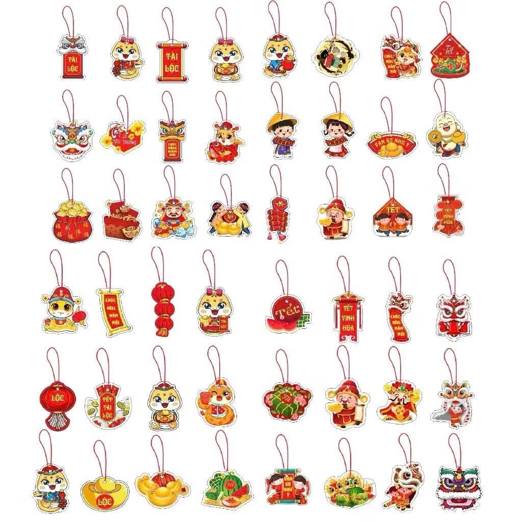Kèm dây - Set 100 50 20 Tag liễng giấy đỏ in chữ cầu may năm mới và tag giấy in hình đẹp treo quất đào mai trang trí Tết