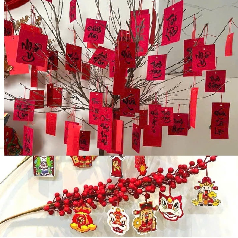Kèm dây - Set 100 50 20 Tag liễng giấy đỏ in chữ cầu may năm mới và tag giấy in hình đẹp treo quất đào mai trang trí Tết