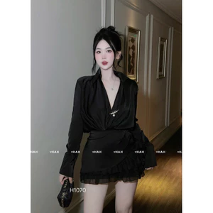 Set váy lụa cổ đổ kèm tag cài tiểu thư dễ thương