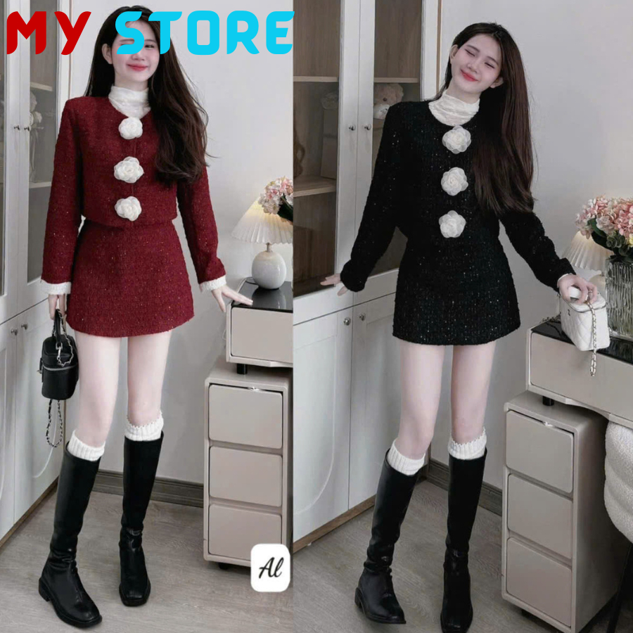 SÉT váy dạ sweed hoa trà  tay dài 2 lớp chân váy chữ  A siêu xinh cho nàng