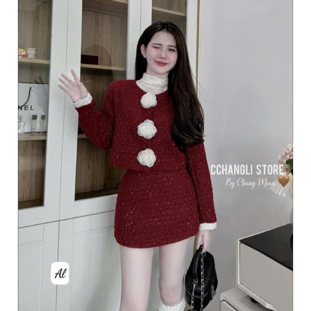SÉT váy dạ sweed hoa trà  tay dài 2 lớp chân váy chữ  A siêu xinh cho nàng
