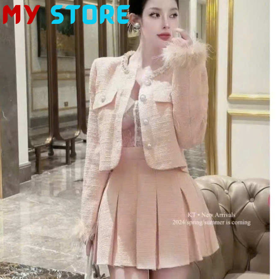 SÉT VÁY  DẠ cổ viền ngọc tay phối lông kèm chân váy ly xịn xò dày dặn chuẩn form thiết kế tiểu thư sang chảnh MYSTORE