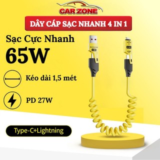Dây Sạc 4 Trong 1 Tiện Lợi Trên Ô Tô, Thiết Kế LÒ XO Kéo Dài 1.5M, Sạc Nhanh Chuẩn PD C - L 27W,C-C 65W, Copy Dữ Liệu