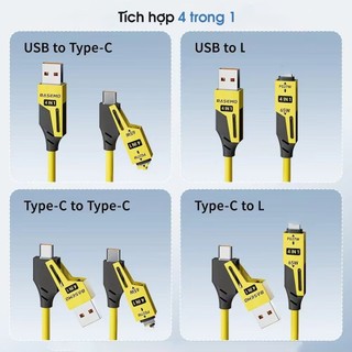 Dây Sạc 4 Trong 1 Tiện Lợi Trên Ô Tô, Thiết Kế LÒ XO Kéo Dài 1.5M, Sạc Nhanh Chuẩn PD C - L 27W,C-C 65W, Copy Dữ Liệu