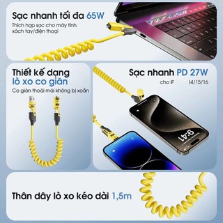 Dây Sạc 4 Trong 1 Tiện Lợi Trên Ô Tô, Thiết Kế LÒ XO Kéo Dài 1.5M, Sạc Nhanh Chuẩn PD C - L 27W,C-C 65W, Copy Dữ Liệu