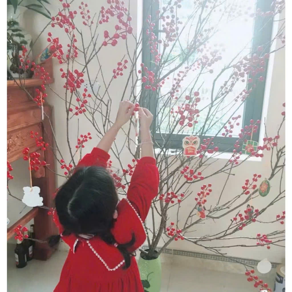 Combo 50 nhánh đào đông 20cm 12 quả mọng đỏ dùng trang trí Tết