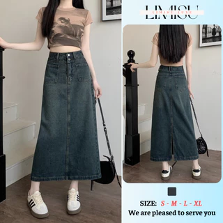 Chân váy jean dáng dài cạp cao dáng chữ A LIMISU váy bò jeans phối 2 túi trước phong cách Ulzzang