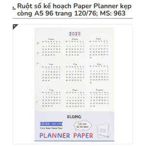 KLONG - Sổ / Ruột sổ kế hoạch Paper Planner kẹp còng A5 96 trang (48 tờ) 120/76; MS: 963 - Có bán bìa riêng không ruột