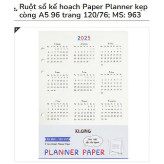 KLONG - Sổ / Ruột sổ kế hoạch Paper Planner kẹp còng A5 96 trang (48 tờ) 120/76; MS: 963 - Có bán bìa riêng không ruột