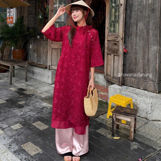 Set Áo Dài Lông Vũ Buộc Nơ Cách Điệu Kèm Quần Lụa Siêu Xinh