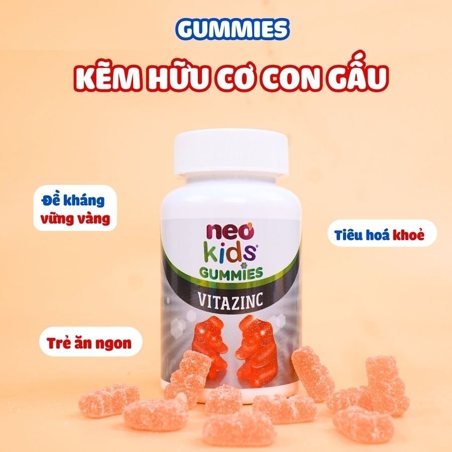 COMBO Gummies canxi vị sữa chua và Gummies Kẽm Hữu cơ con gấu Neokids Viên nhai Hộp 60 viên + quà