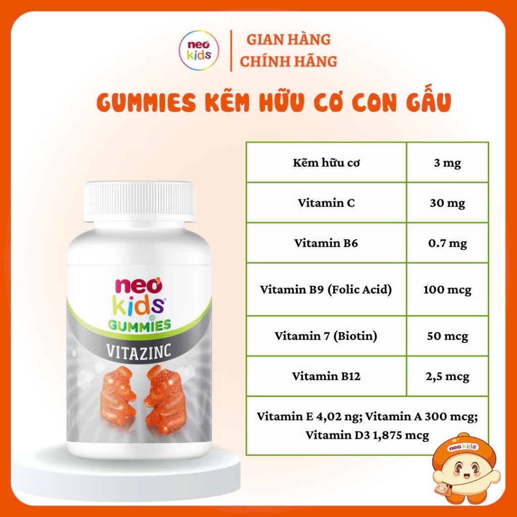 COMBO Gummies canxi vị sữa chua và Gummies Kẽm Hữu cơ con gấu Neokids Viên nhai Hộp 60 viên + quà