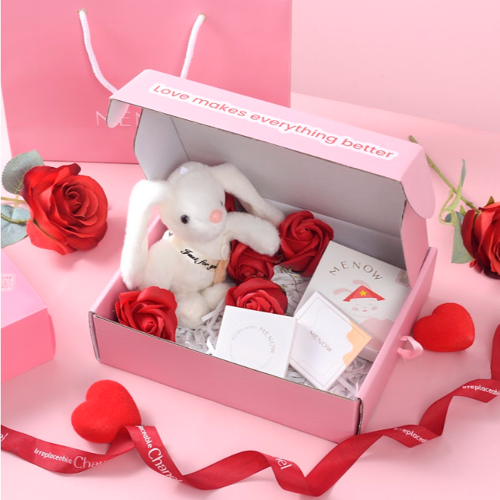Hộp quà tặng trang điểm dành cho bạn gái kèm túi quà, gấu bông, hoa sáp và đèn Menow Bunny Box