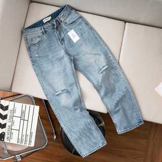 Quần Jeans nam xanh rách gối R&G, quần bò nam màu xanh Relax fit co giãn tốt, không bai xù