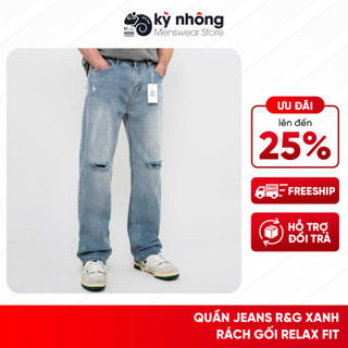 Quần Jeans nam xanh rách gối R&G, quần bò nam màu xanh Relax fit co giãn tốt, không bai xù