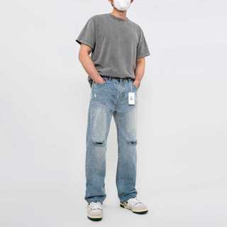 Quần Jeans nam xanh rách gối R&G, quần bò nam màu xanh Relax fit co giãn tốt, không bai xù