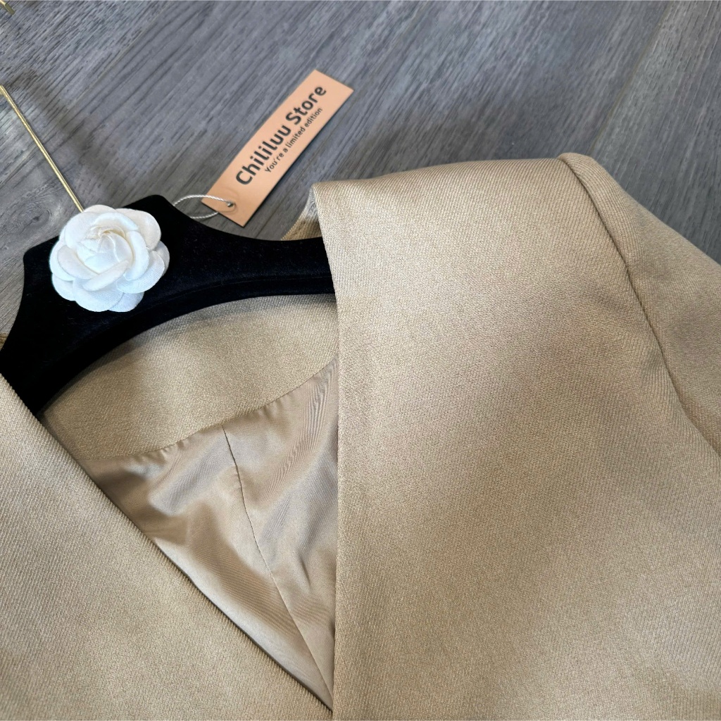 Blazer không cổ Chililuu áo blazer vạt tròn form chiết eo xòe dưới phong cách sang chảnh Hàn Quốc