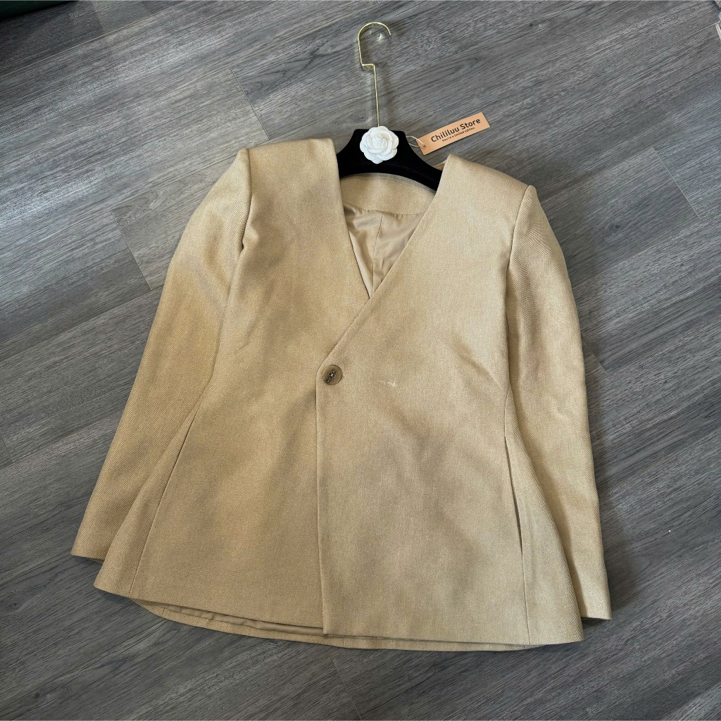 Blazer không cổ Chililuu áo blazer vạt tròn form chiết eo xòe dưới phong cách sang chảnh Hàn Quốc
