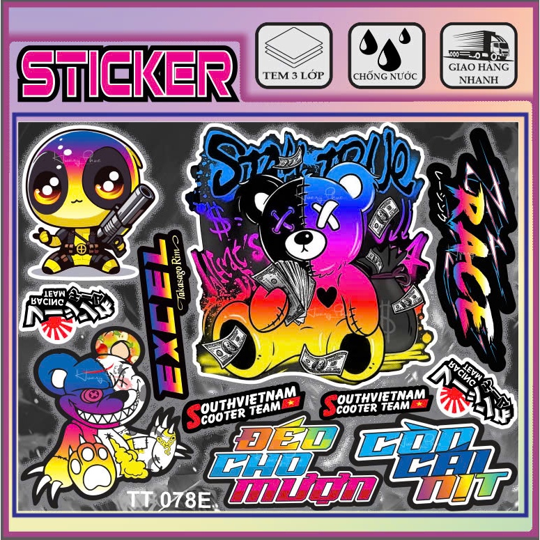 nhãn dán sticker chữ race, gấu quỷ biến dạng (tt078 màu vàng) dán đa vị ...