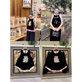 Áo nhung the sát nách thêu thỏ nhiều hình