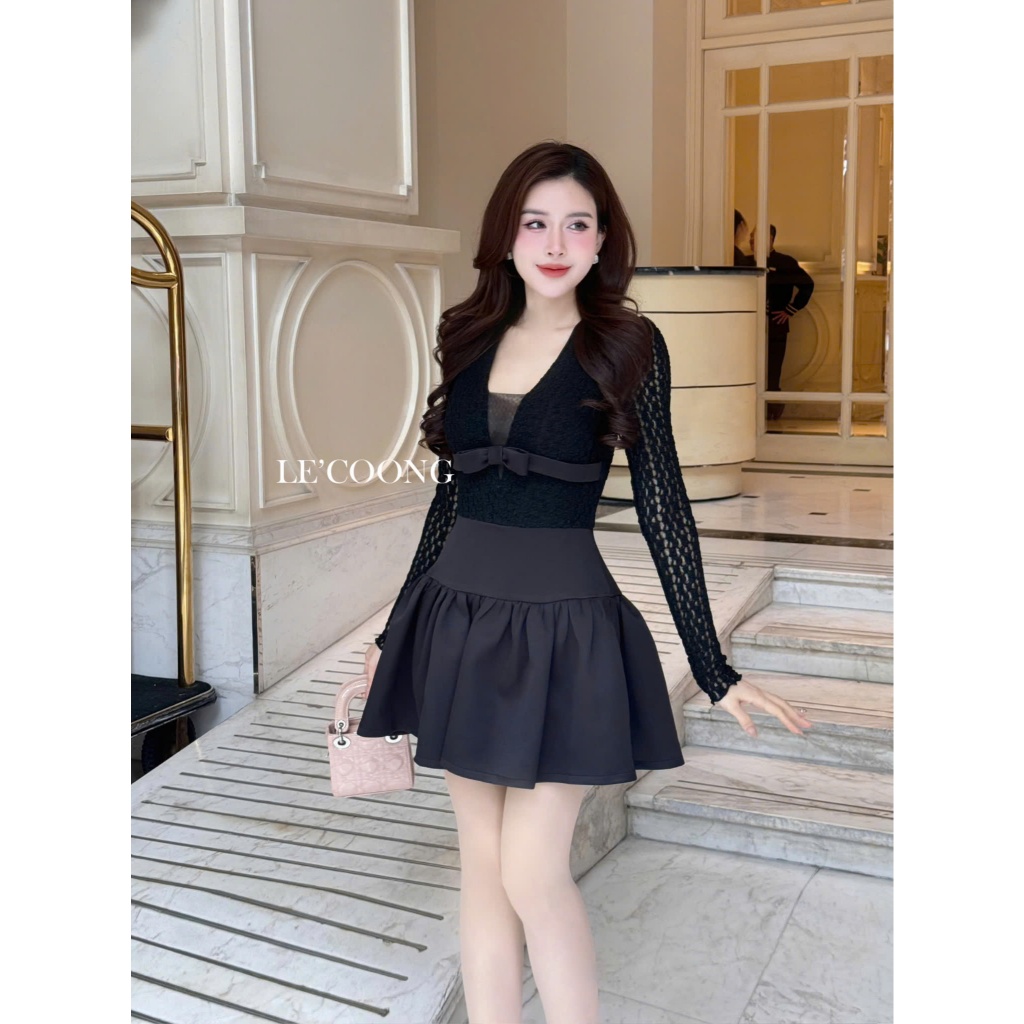 Ảnh Váy Tiểu Thư Dáng Ngắn Hai Màu Đen Be Đỏ LECOONG V709  Đầm Đẹp Phối Ren Đính Nơ Sang Chảnh 3