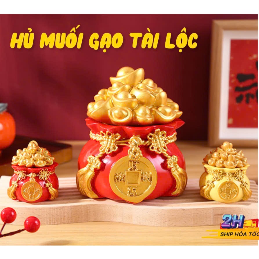 Hũ gạo muối cầu tài cầu lộc hình thỏi vàng, Hũ đựng muối gạo thần tài trang trí Tết Ất Tỵ 2025