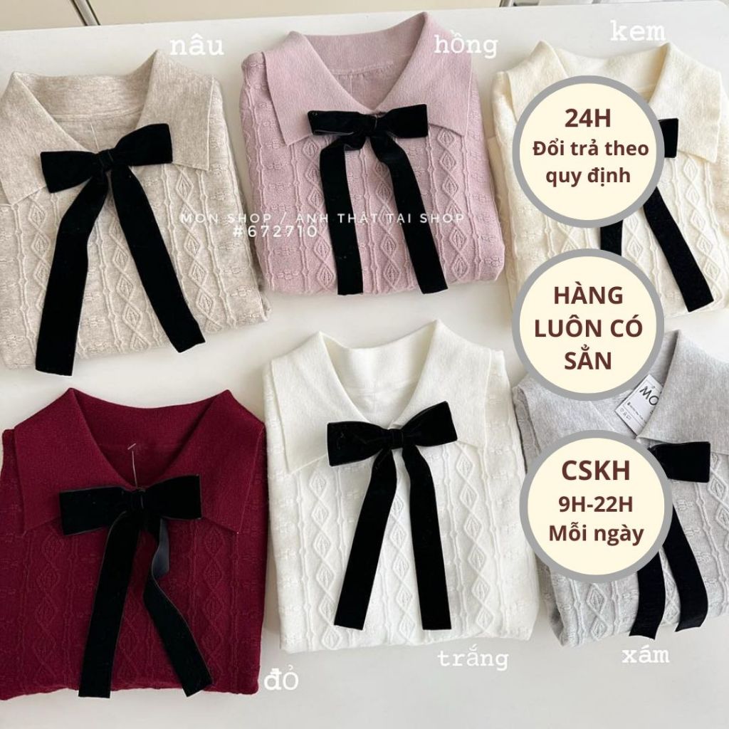 Áo len polo tay ngắn kèm nơ tiểu thư #672710 | Shopee Việt Nam