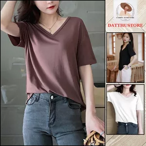 Áo thun ngắn tay mùa hè cổ chữ V dáng rộng áo sơ mi xếp lớp bên trong cho nàng (datthustore - MS61)