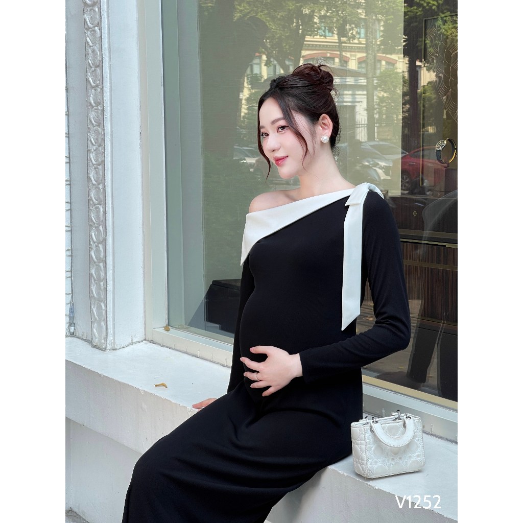 Váy bầu đi tiệc thiết kế lệch vai sang trọng, thanh lịch - phù hợp để mặc trong buổi tiệc - V1252 B2MUM