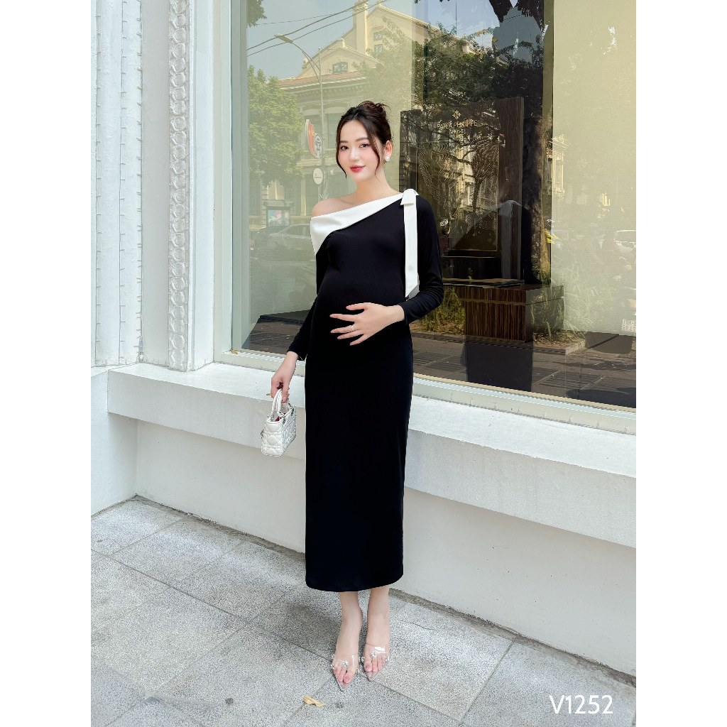 Váy bầu đi tiệc thiết kế lệch vai sang trọng, thanh lịch - phù hợp để mặc trong buổi tiệc - V1252 B2MUM