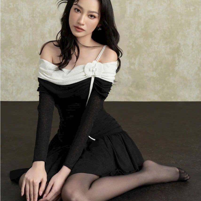 🍒(Hàng mới về) Set đầm lệch vai tay dài phối tag hoa + short - Thun 🔥𝐇𝐨𝐚̉ 𝐓𝐨̂́𝐜🔥 𝐌𝐄𝐎𝐈𝐍𝐃𝐀𝐇𝐎𝐔𝐒𝐄