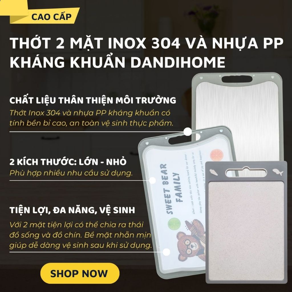 Ảnh Thớt inox 304 và nhựa kháng khuẩn DandiHome cao cấp hai mặt - Hàng chính hãng 1