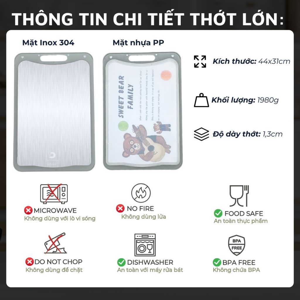 Ảnh Thớt inox 304 và nhựa kháng khuẩn DandiHome cao cấp hai mặt - Hàng chính hãng 2