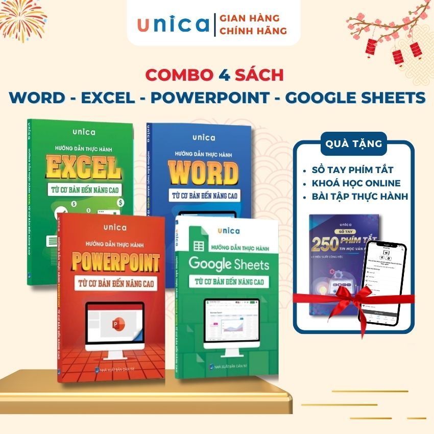 Combo 4 Sách Word - Excel - Powerpoint - Google Sheets Unica từ cơ bản ...