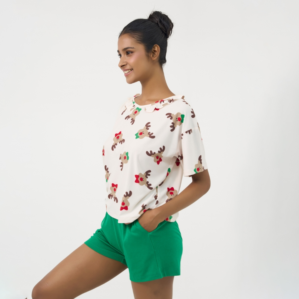 Ảnh Bộ short thun thoáng mát, áo hình tuần lộc quần xanh lá, phong cách trẻ trung cho mùa Noel BST070W41 3